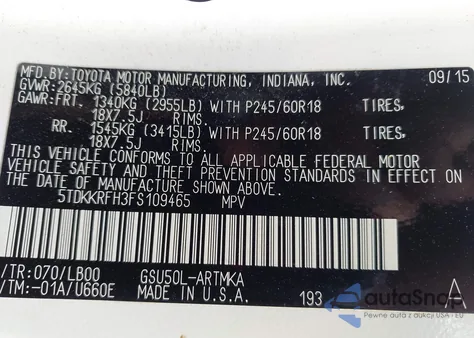 2015 Toyota Highlander Xle V6 from USA, damaged, VIN 5TDKKRFH3FS109465